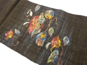 手織り紬紙布抽象花葉模様織出し名古屋帯